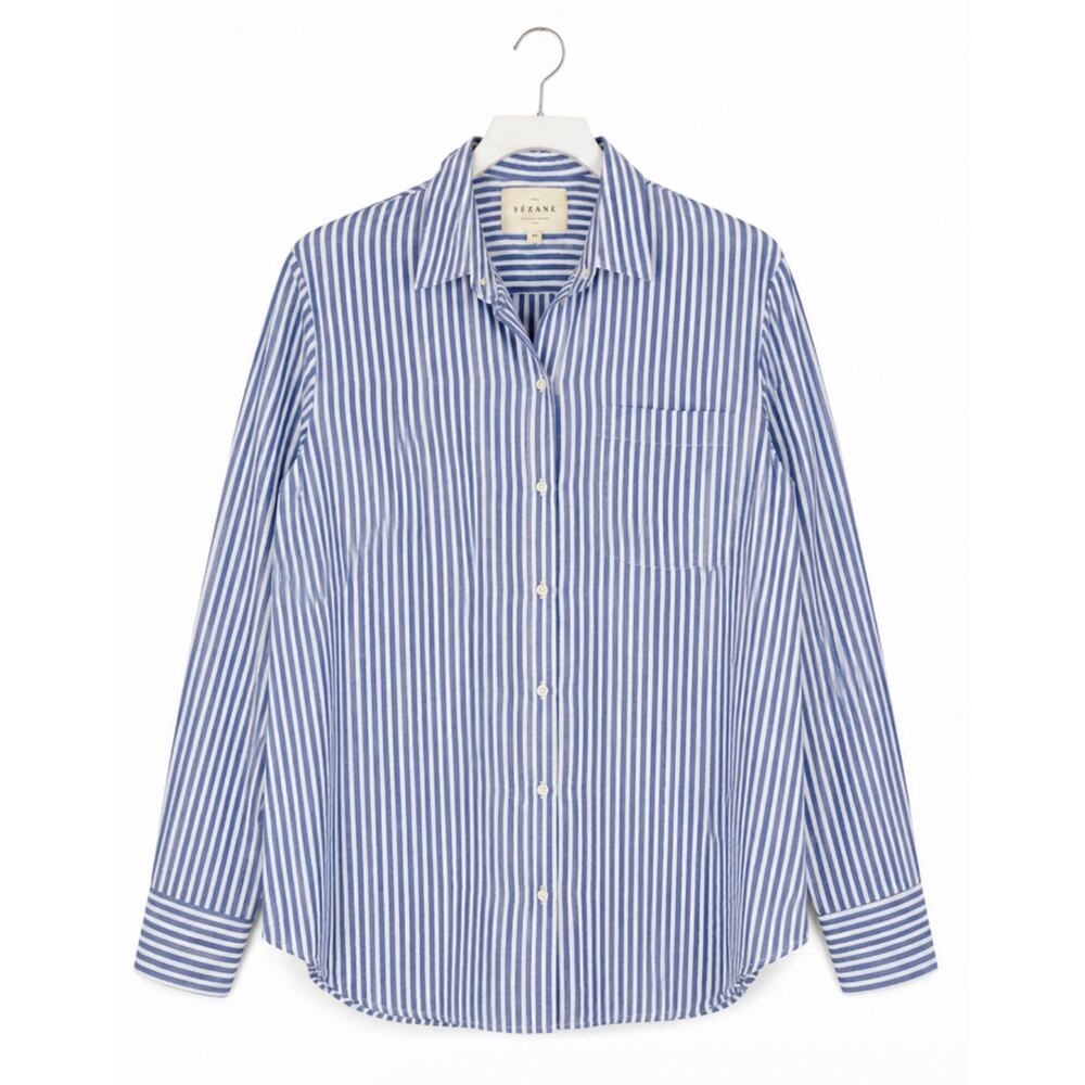 Sézane Blue White Stripe Cotton Button Front Shirt US Sz 12 Quiet Luxury Coastal